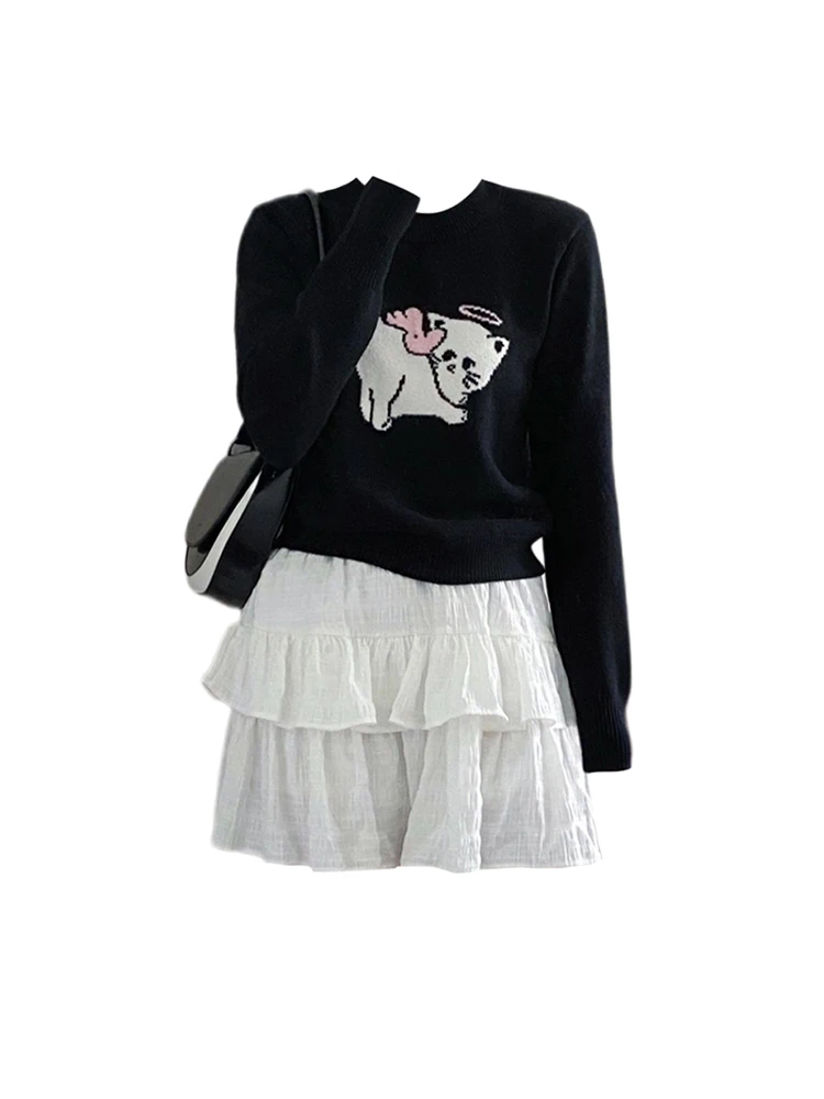 

Vintage Cartoon Animal Print O-Neck Sweaters Women Korean Black Gothic Knitted Pullover Casual Baggy Jumper Gyaru High Street