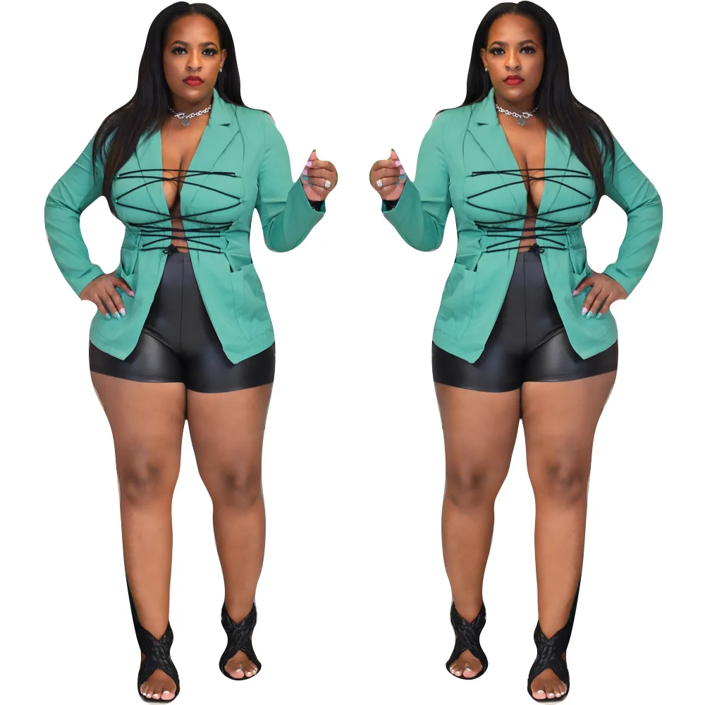 Plus Size Women's Suit Bandage Casual Designer Jacket 2022 Autumn Fahion V Neck Trench Coat Fall Female Club Wholesale Clothes
