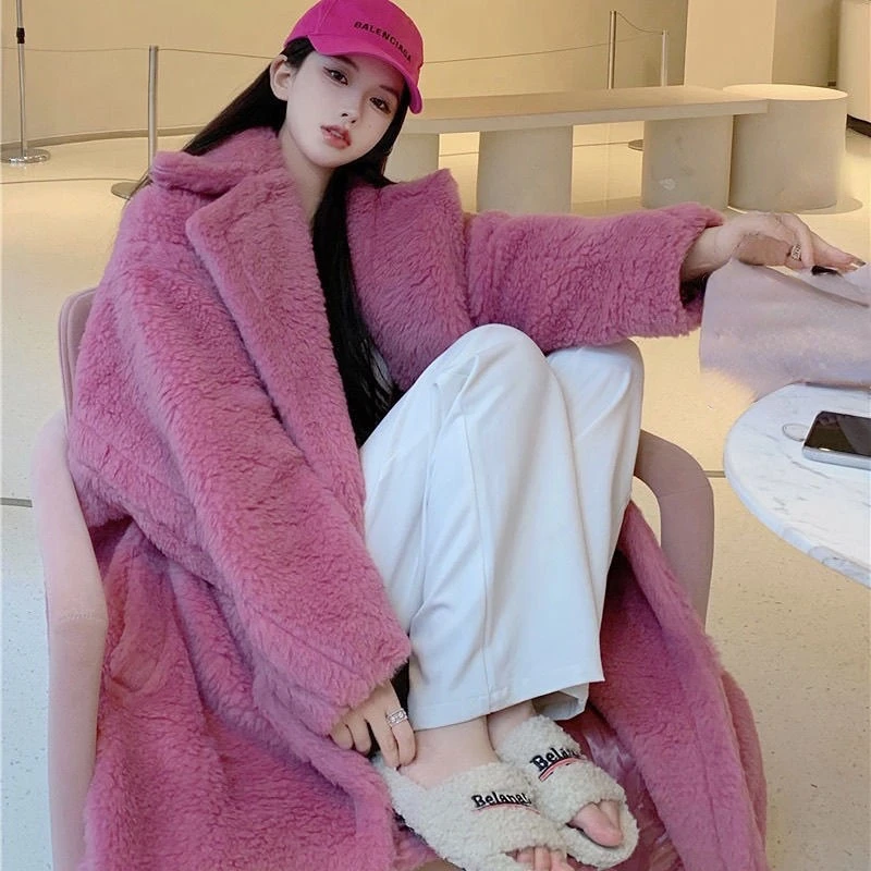 Lamb wool large size coat female winter platycodon temperament in long loose fashion female coat with thick fluffy long coat