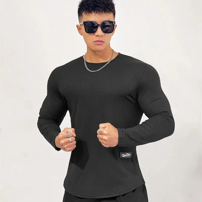 Футболка мужская с длинным рукавом модный топ вертикальной лицевой отделкой