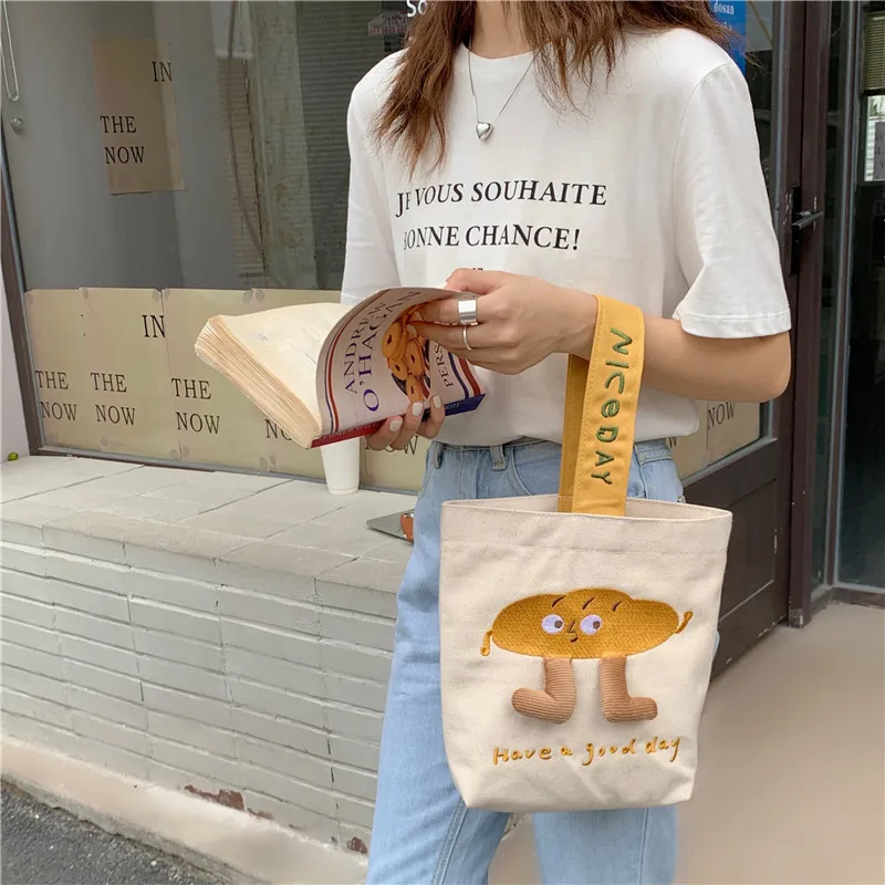 

Cute Canvas Handbag Girls Cartoon Embroidered Bucket Bag Women Portable Shopping Organizer Travel Party Lunch Pouch Totes