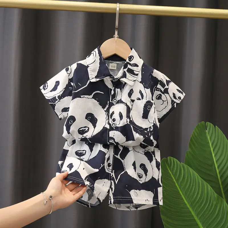 

Baby Boy Handsome Cute Cartoon Cotton Lapel Summer Short-sleeved Set 2022 Summer Panda Children's Clothing Fashion Two-piece Set
