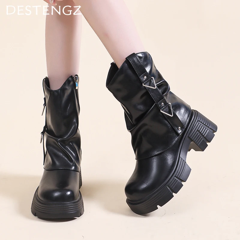 Женские кожаные ботильоны зимняя обувь на среднем каблуке женская трендовая