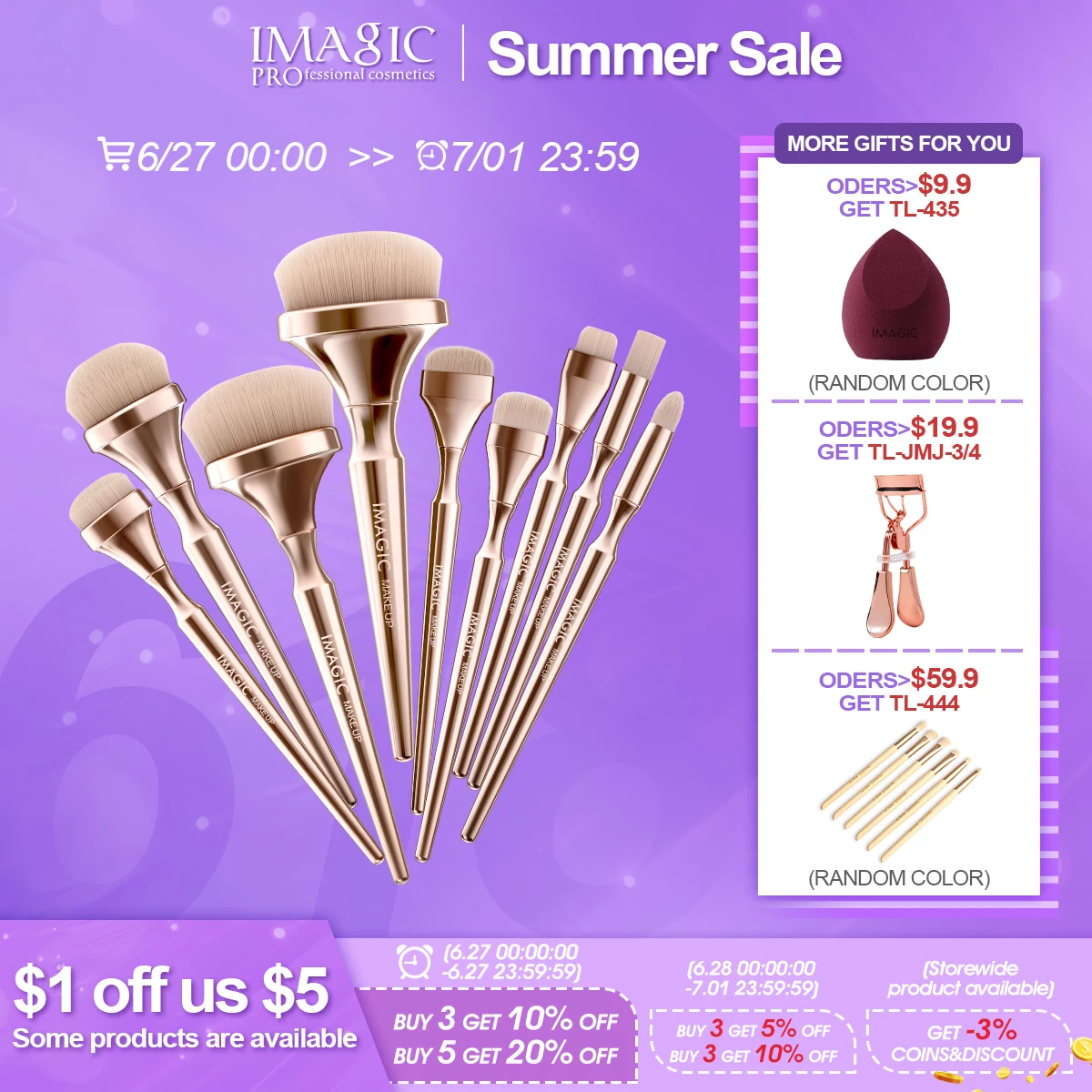 

IMAGIC 9PC Nylon Hair Makeup Brush Foundation Powder Eyeshadow Highlighter Eyeshadow Concealer Blending High Quality Beauty Tool