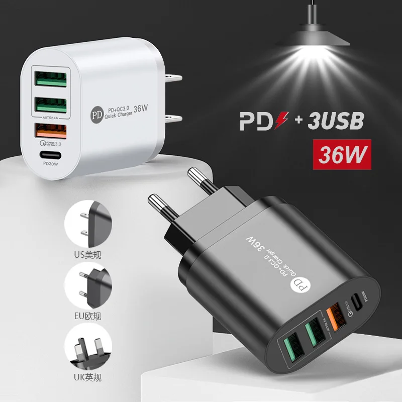 

36 Вт Быстрая зарядка USB / Type-C несколько портов Быстрое зарядное устройство 4 в 1 для iPhone 13 12 Pro Max Xiaomi Samsung Airpods Быстрое зарядное устройство
