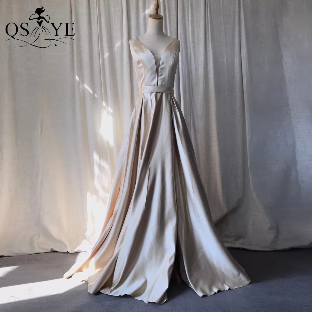 

Champagne A line Prom Dresses Simple Satin V neck Evening Gown Sleeveless Party Tiny Belt Shiny Satin Formal Gown Plus Size