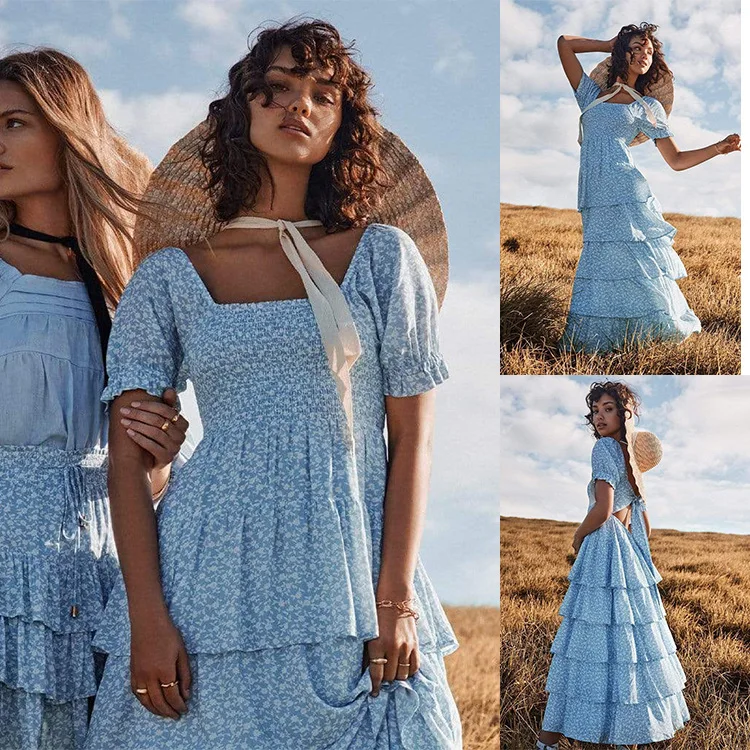 

2023 Summer Women's New Style Short Sleeve Cake Dress with Waist Closed Sexy Backless Dress
