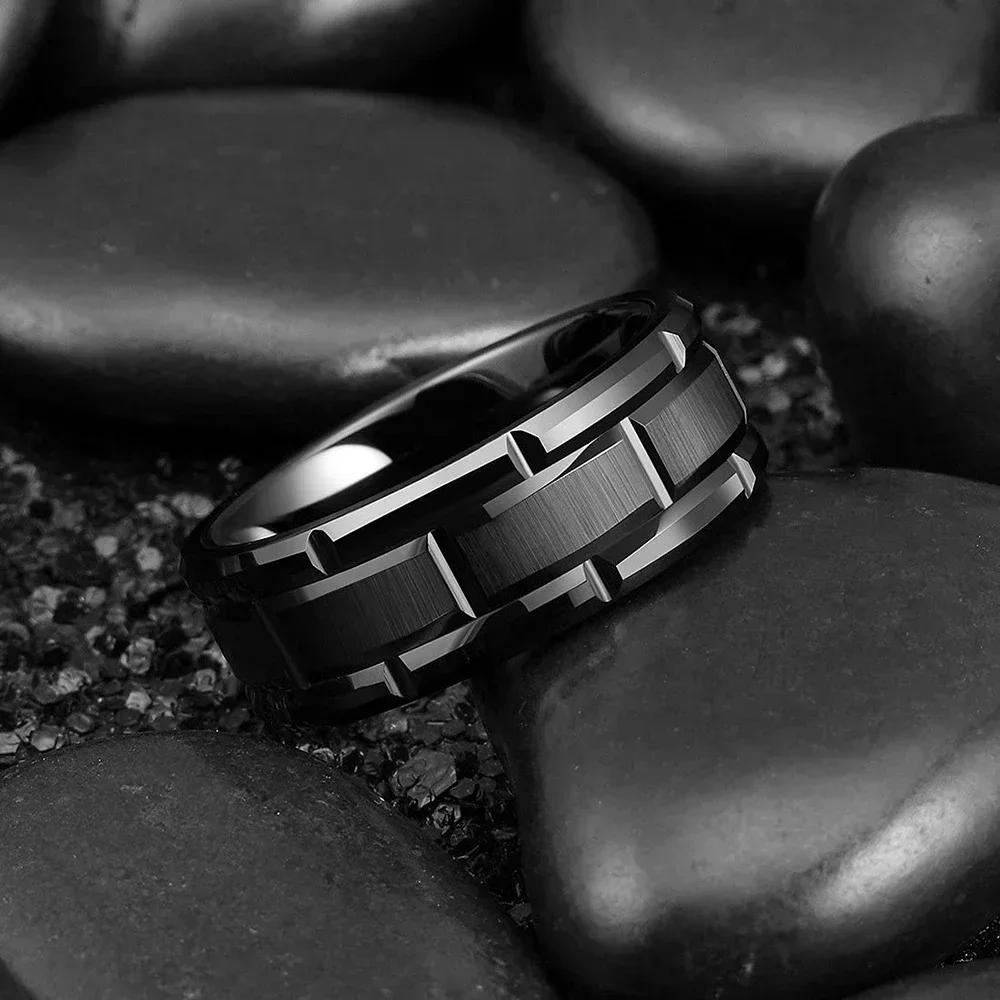 Classic Men's 8mm Black Tungsten Wedding Rings Double Groove Beveled Edge Brick Pattern Brushed Stainless Steel For Men