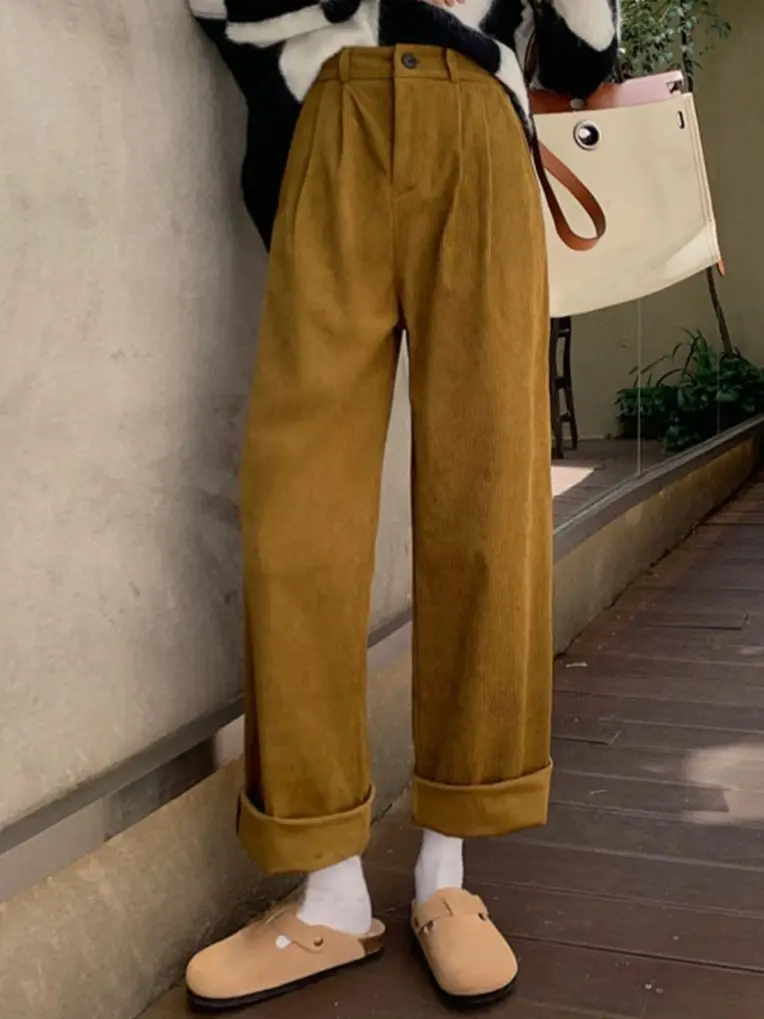 

Alien Kitty 2022 New Corduroy Chic Wide Leg Pants Women Fashion Autumn High Waist Solid Casual Hot Loose Trousers