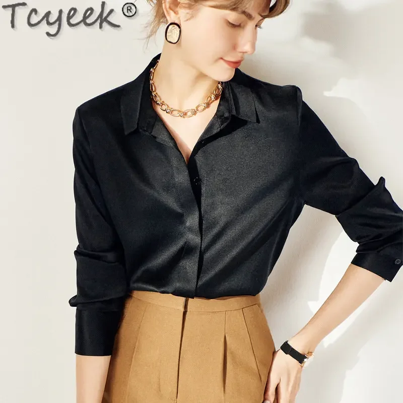 

Tcyeek Silk Shirts for Women Spring Summer Womens Tops and Blouses 93% Mulberry Silk Blouse Long Sleeve Top Shirt Chemise Femme