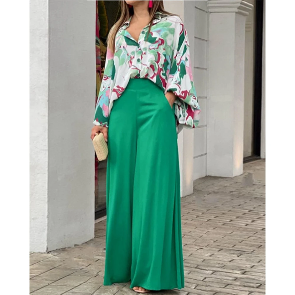 Summer Women Floral Print Long Sleeve Shirt Top & High Waist Wide Leg Pants Set Casual Oversized Two Pieces Outfits Sets Woman