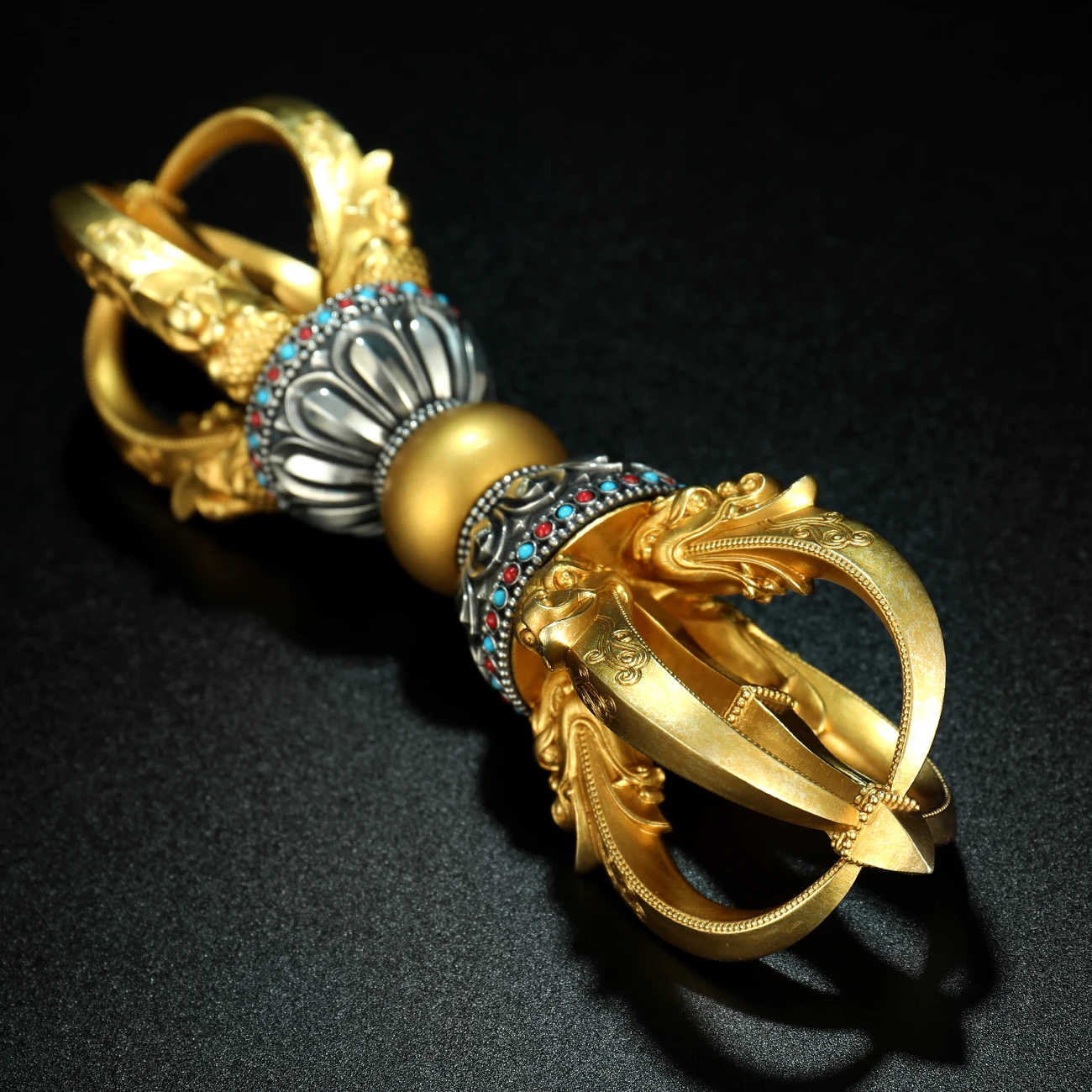 

Pure copper five-strand Vajrayana magic pestle Ba Pu pestle Tibetan tantric silver ornaments with base large handle.