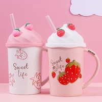 kawaii ice cream ceramic cup mugs with lid straw cute 400ml coffee tea drinks dessert breakfast milk water cup gift