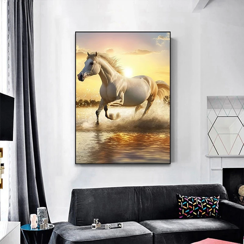 Постеры и принты в виде животных белая дикая лошадь бегущая Картина на холсте