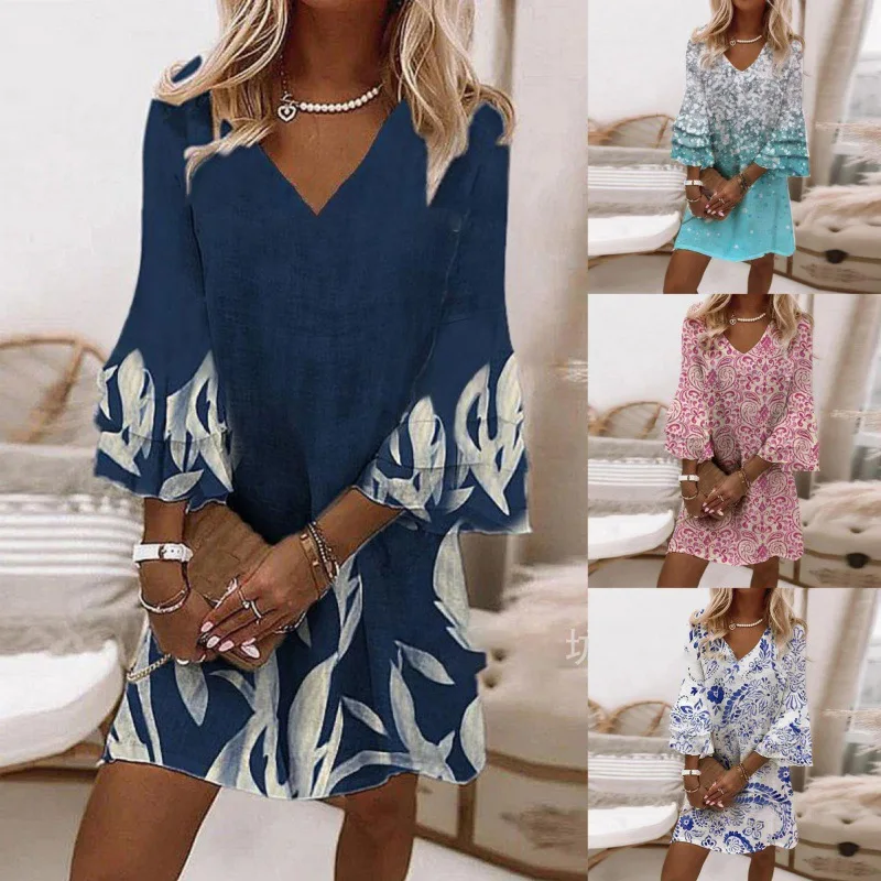 

New Women Loose Summer Vintage Floral Ruffles Befree Dress Large Big Printed Sexy Boho Casual Party Elegant Dresses Plus Sizes