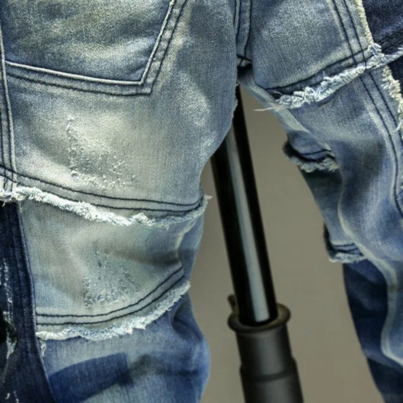 Men Jeans Splice Jean Homme Skinny Denim Ripped Spijkerbroeken Heren Biker Stretch Pants Slim Fit Trousers