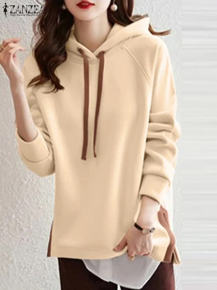 

Осенний Модный пуловер ZANZEA с длинным рукавом, Повседневная Женская Туника контрастных цветов с разрезом на подоле, топы, свитшоты в стиле пэчворк