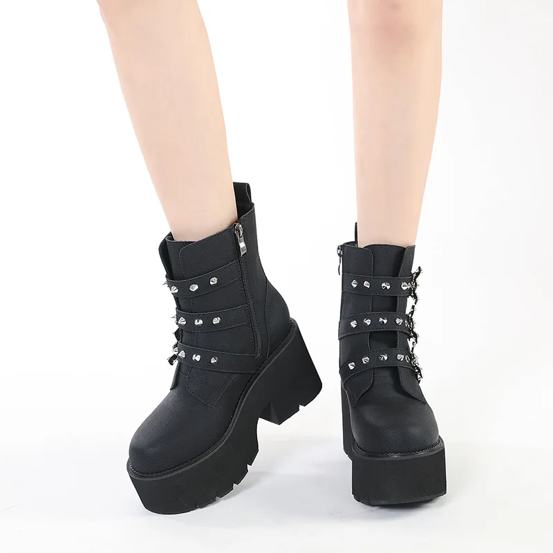 Spring Bat Metal Decorative Martin Boots Women's Thick Sole Short Boots Gothic Belt Buckle Sponge Shoes Platform Fashion Boots