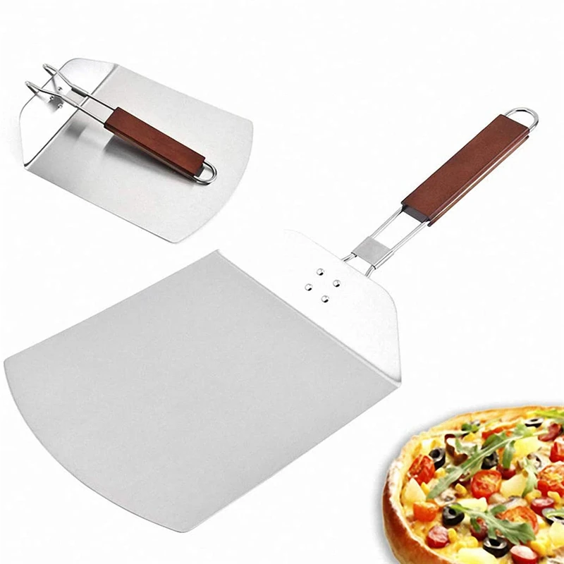 

Folding Pizza Spatula Shovel with Wooden Handle Portable Stainless Steel Cake Shovel Cheese Cutter Peel Lifter Baking Tool 24x57