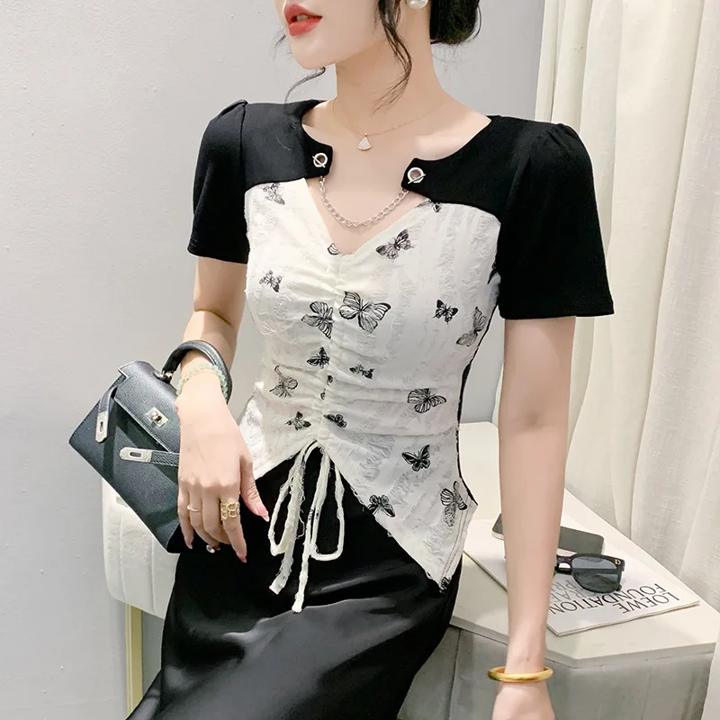 # 7195 Необычная футболка женская короткая с принтом бабочки сексуальная вечерняя