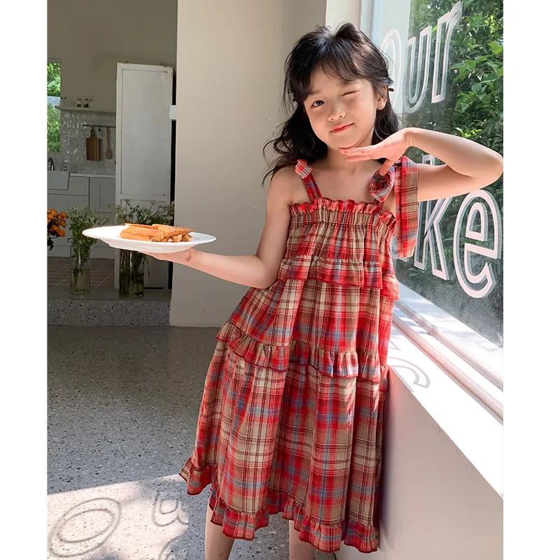 

Girl Plaid Dress Zi Cong Xiaomei 2023 Summer New Children's Fashion Princess Dress Casual Sleeveless Dress