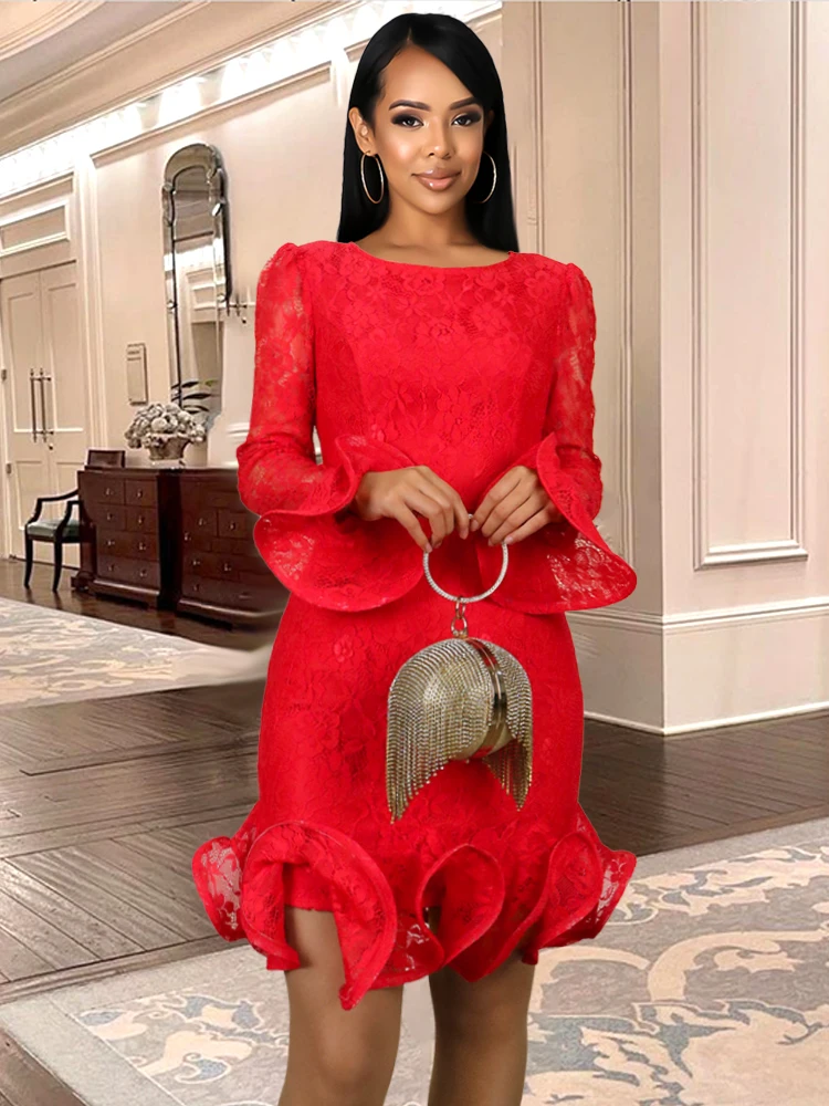 

Red Women Lace Mini Dress Ruffle Long Sleeve O Neck Elegant Fashion Female Birthday Party cocktail African Sexy Slim Dresses