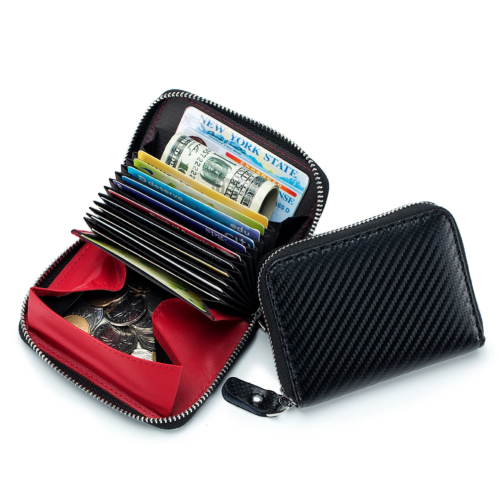 The new carbon fiber man card package rfid Japanese zero wallet real leather zipper card sets of organ card bag large capacity