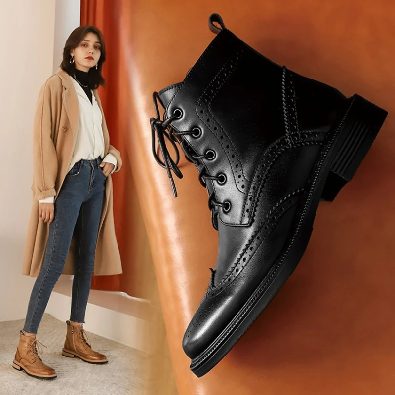 New Fall Shoes Women Round Toe Low Heel Women Shoes 2021 Winter Women Boots Genuine Leather Brogues Boots for Women Retro Boots