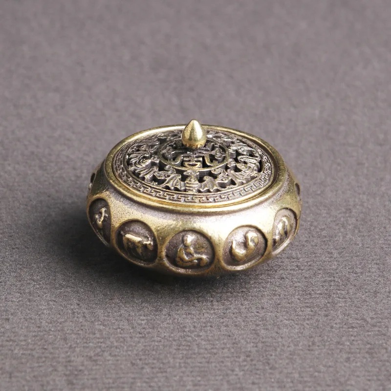 

Античная бронзовая китайская курильница с 12 знаками Зодиака, курильница для дома, украшения из чистой меди, подставка для курильницы из сандалового дерева