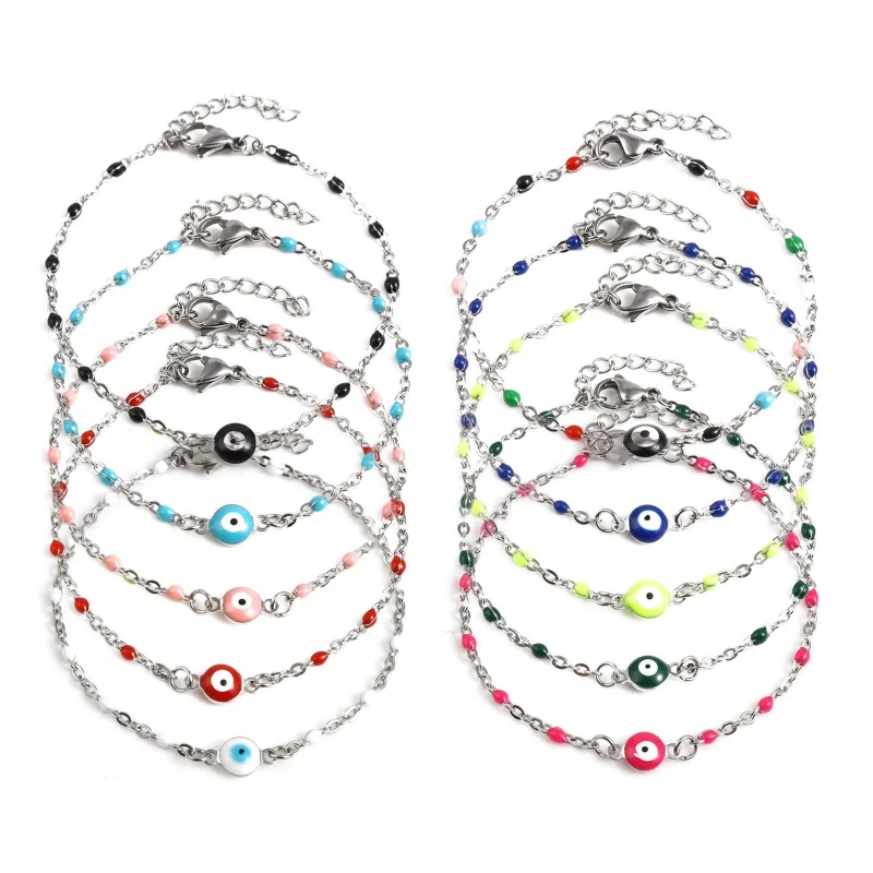 

Stainless Steel Religious Link Cable Chain Bracelets Silver Color Multicolor Round Evil Eye Enamel 17.5cm(6 7/8") long, 1 Piece