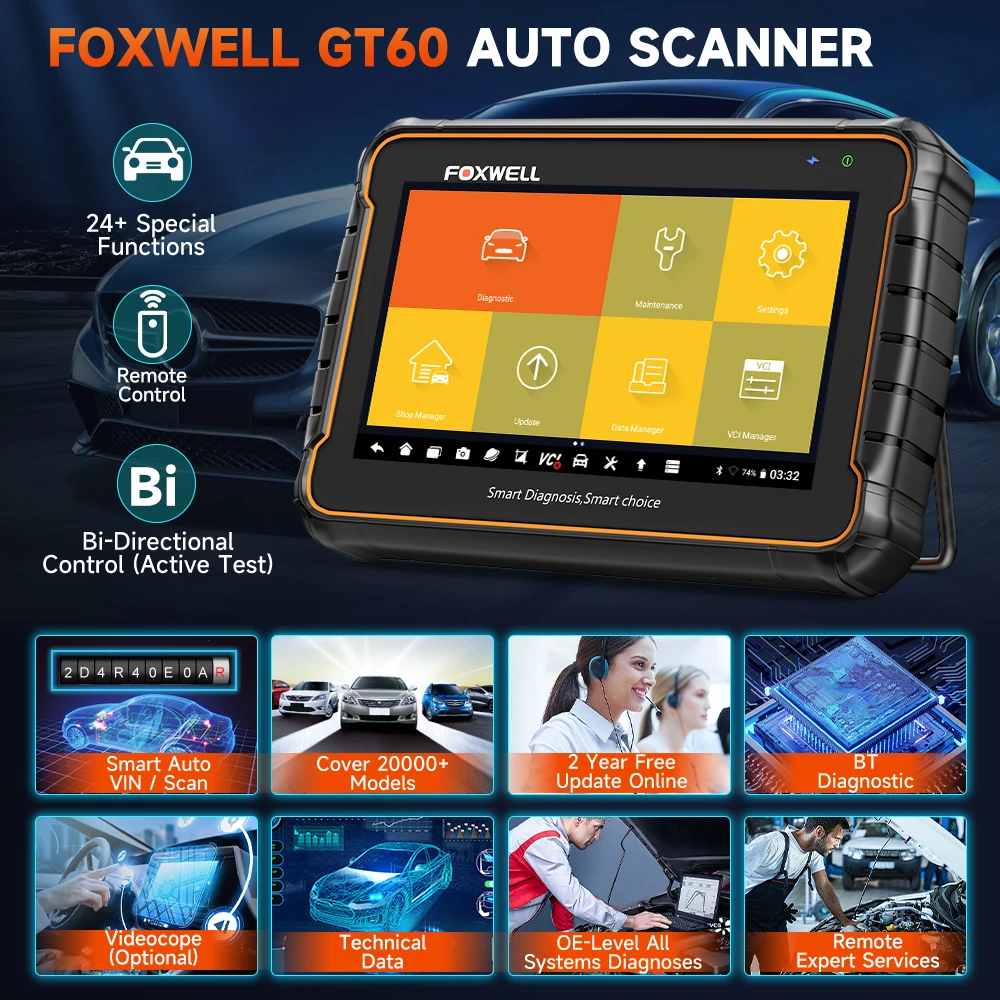 Foxwell GT60 OBD2 Automotivo Scanner Professional ABS SAS TPMS Active Test A/F Oil DPF EPB 24+ Сброс все системы