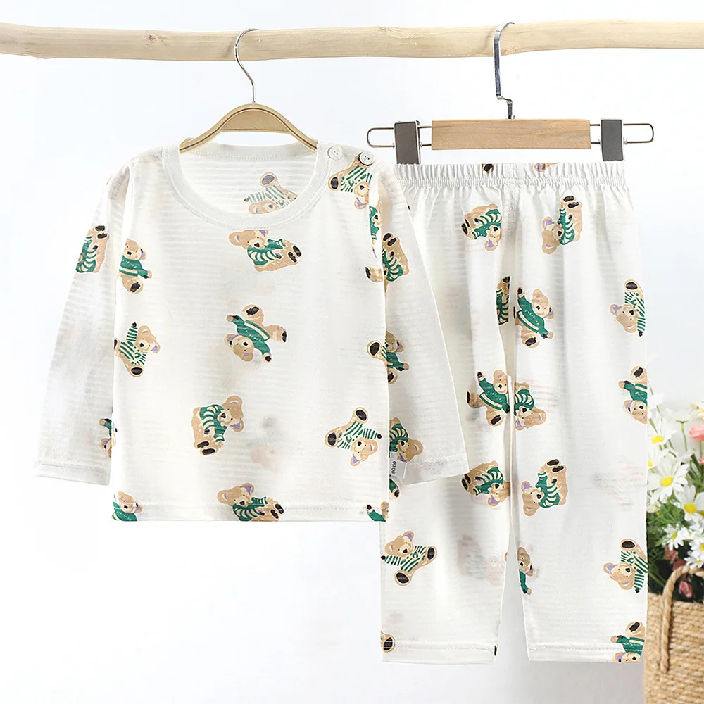 

Baby Air-conditioning Clothes Home Clothes Suit Long-sleeved Trousers Breathable Sweat-absorbing Round Neck Boys Summer Clothes