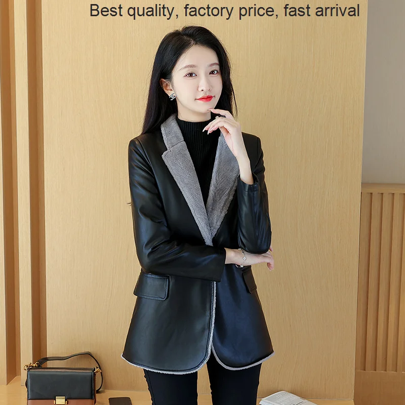 High quality luxury brand Autumn and Winter 2023 Haining Sheepskin Large Slim Fit Fur Thickened Women's Suit Leather Jacket