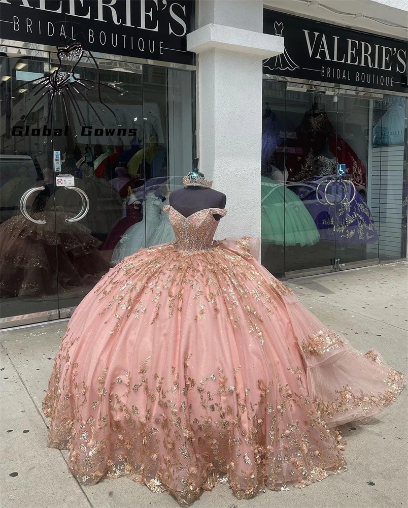 

Mexico Rose Gold Off Shoulder Ball Gown Quinceanera Dresses Beaded Appliques 3D Flowers Tiered Birthday Party Gowns Sweet 15 16