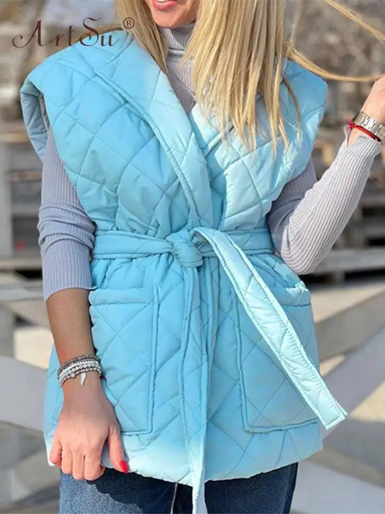 

ArtSu Belted Quilted Jacket Womens Autumn Winter Clothes Fashion Puffer Vest Long Sleeveless Coat Black Sky Blue 2022 ANDYCO1330
