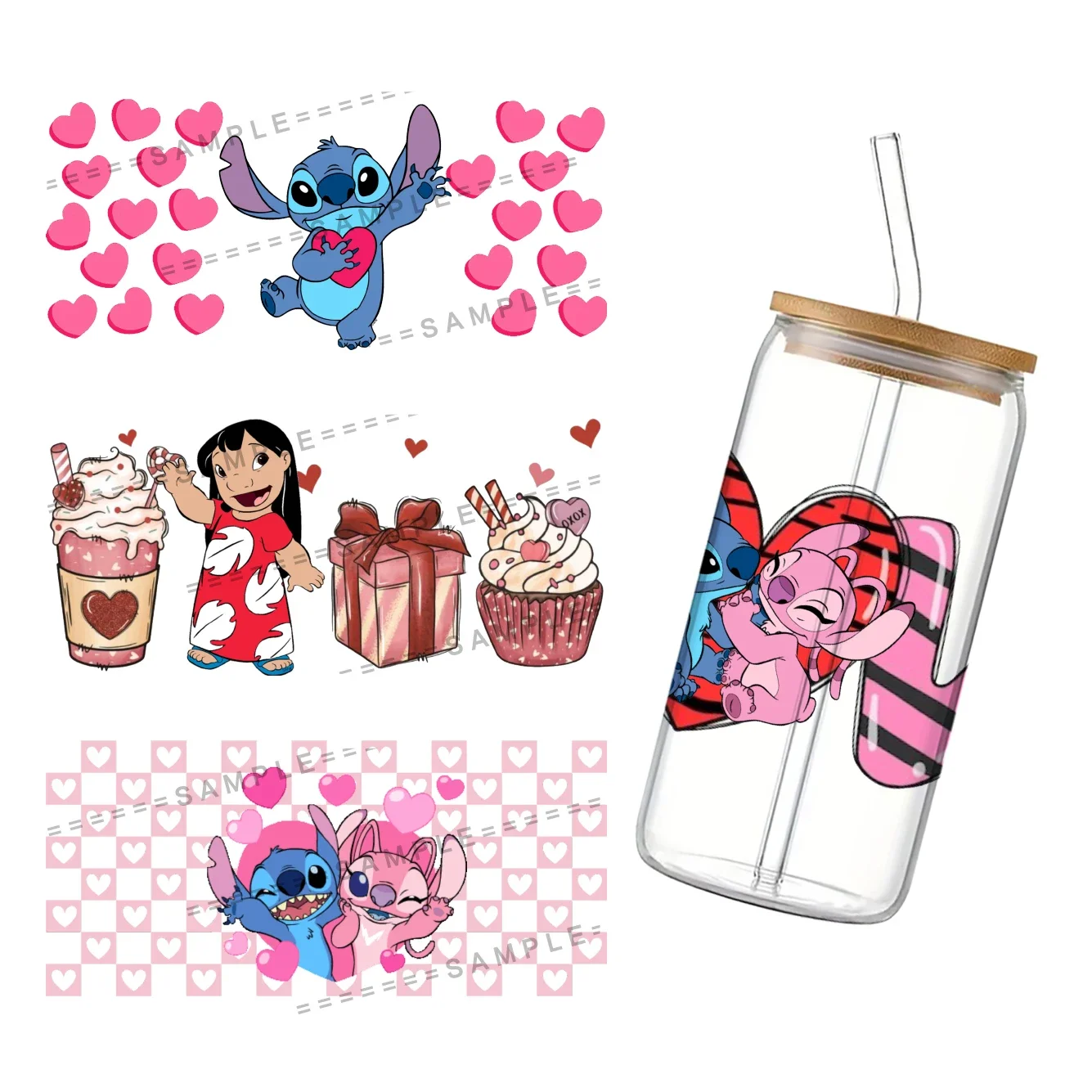 Фото Наклейка-переводка для стакана 16 унций Libbey Disney Stitch, 11x24 см, с УФ-печатью, тематика Дня святого Валентина, для самостоятельного изготовления №4