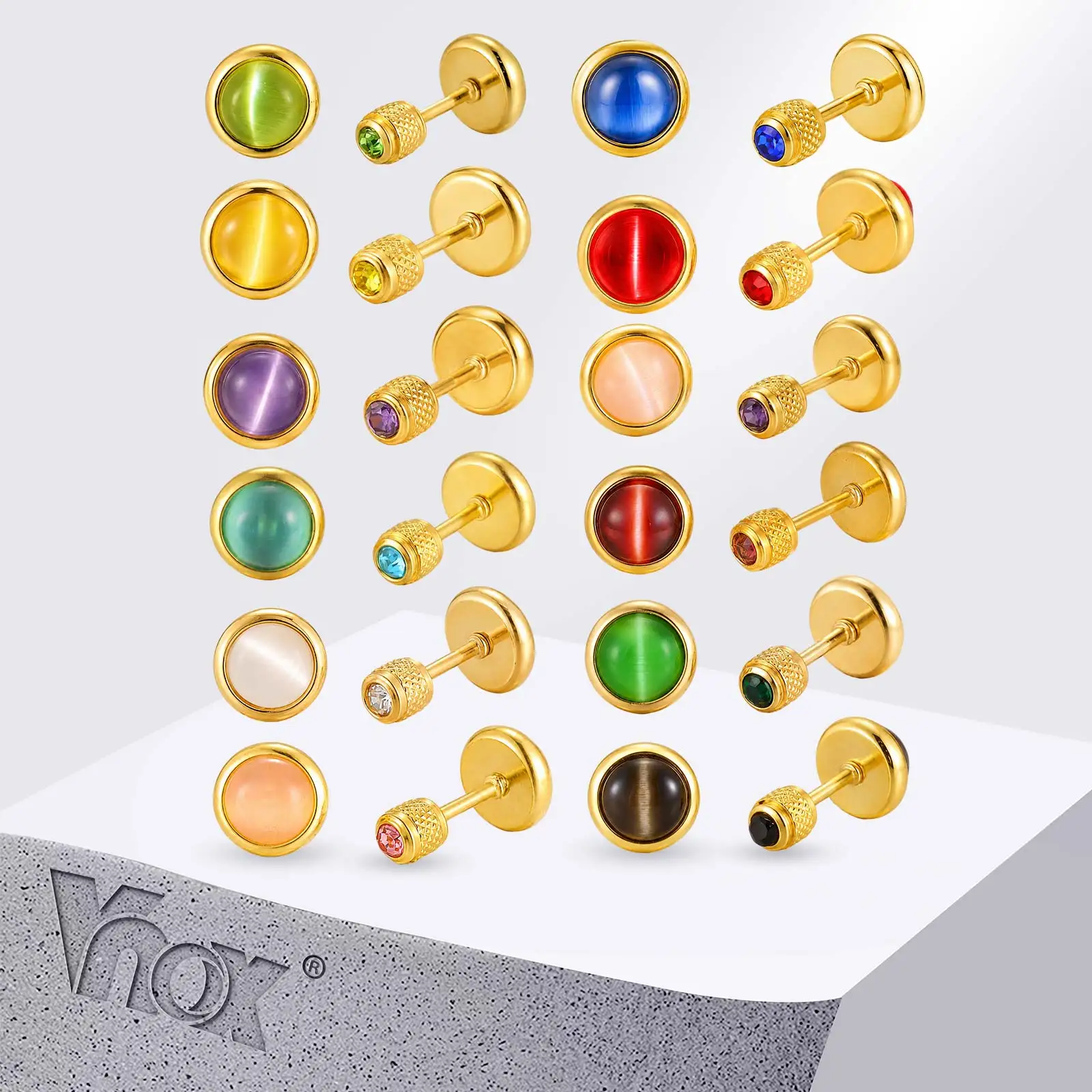 Фото Серьги-гвоздики Vnox Trendy с камнями-талисманами и разноцветными камнями «Кошачий глаз» для женщин, ювелирные украшения для повседневной носки и вечеринок, подарки №1