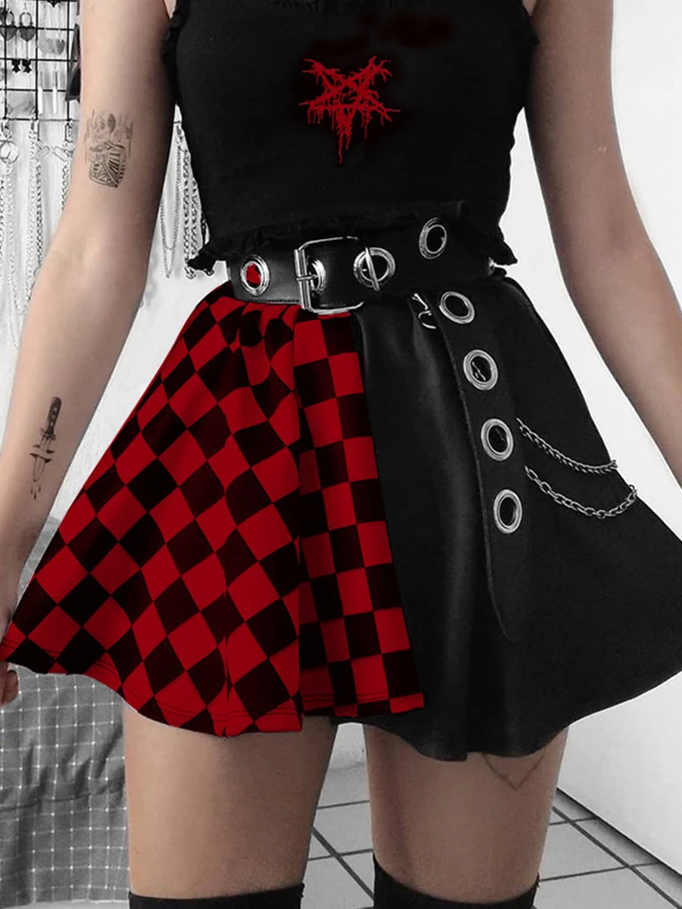 AltGoth Harajuku Punk Gothic Skirt Women Y2k E-girl Emo Alt Retro Plaid Patchwork High Waist Skirt Mall Goth Aesthteic Clubwear