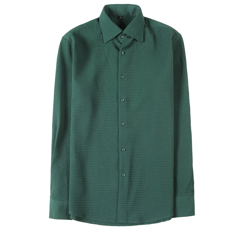 High Quality Waffle Shirts Men Long Sleeve Casual Business Formal Dress Shirt Camisa Masculina Social Streetwear Men Clothing