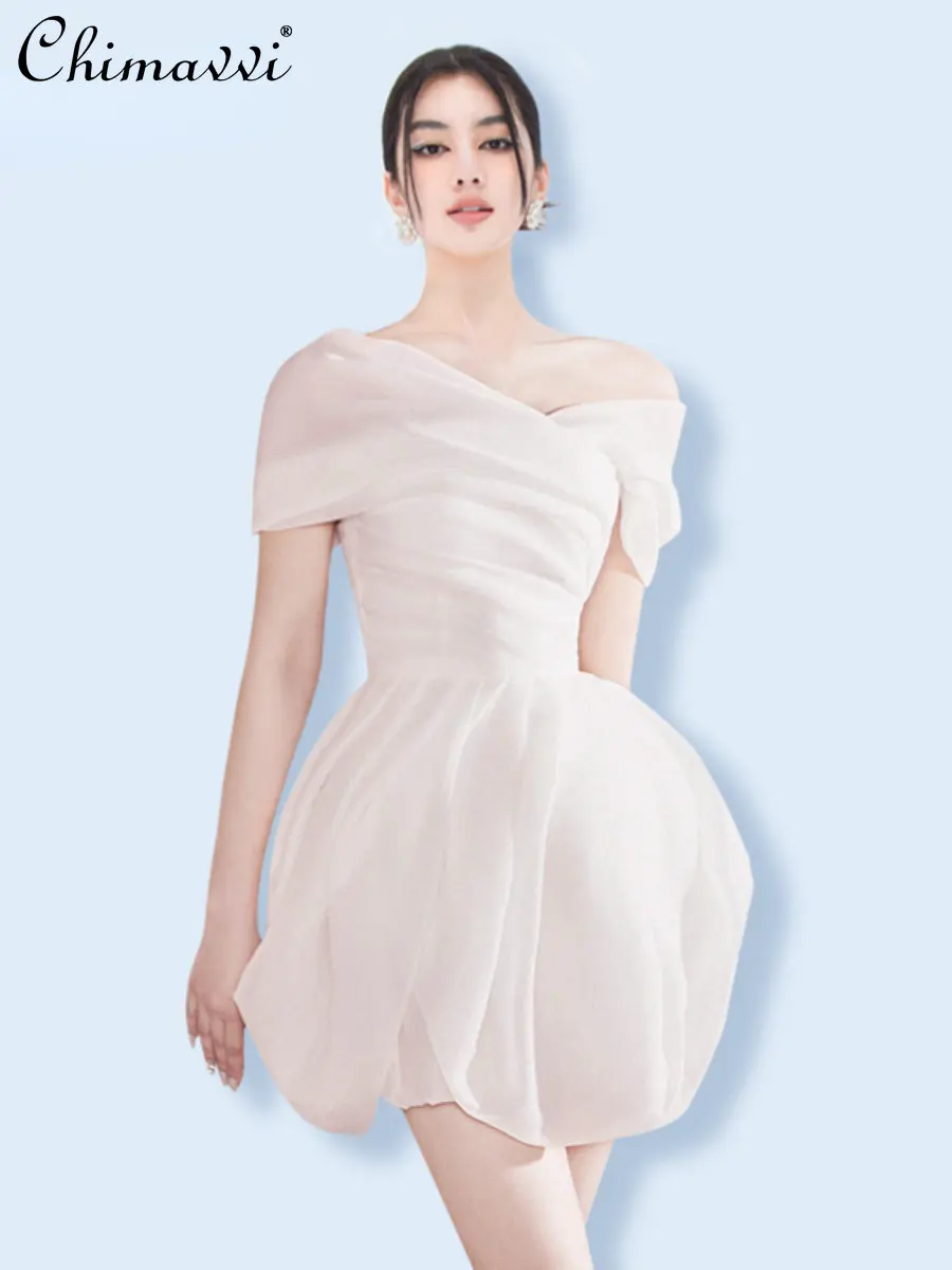 New 2023 Summer Dresses Fashion Solid Color Off-Shoulder Sleeve Sexy Dress Elegant High Waist Bud Dress Birthday Party Dresses