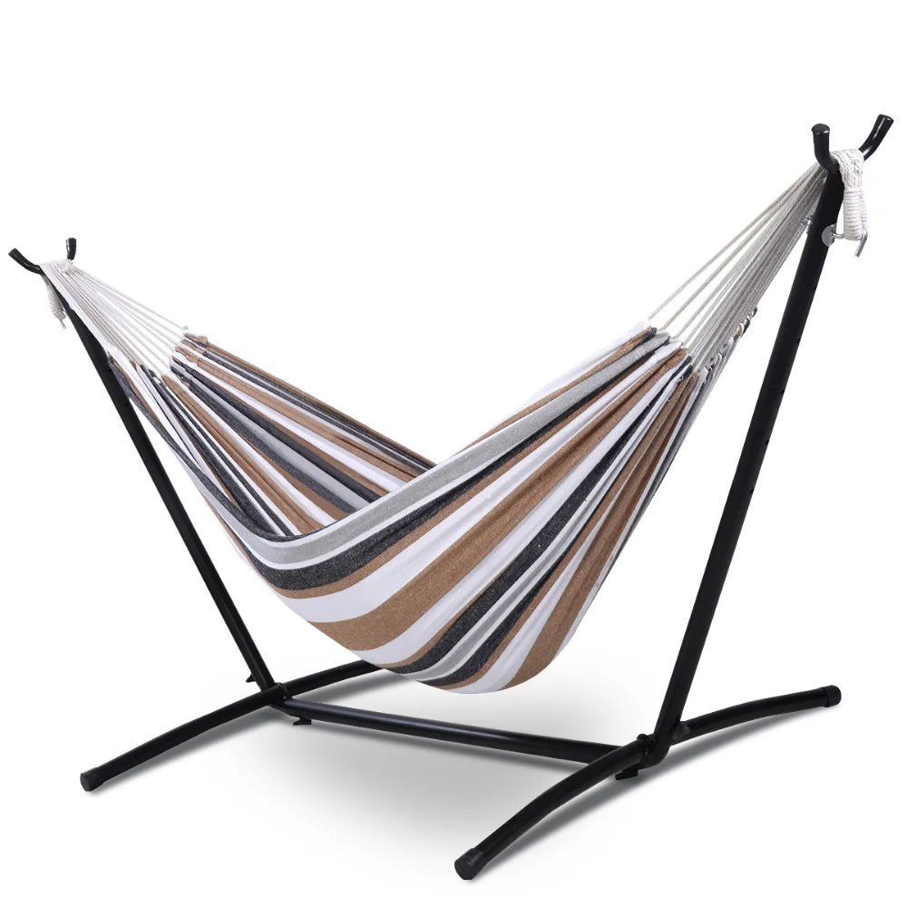 

2-Person Brazilian-Style Cotton Double Hammock Bed with Carrying Bag, Steel Stand