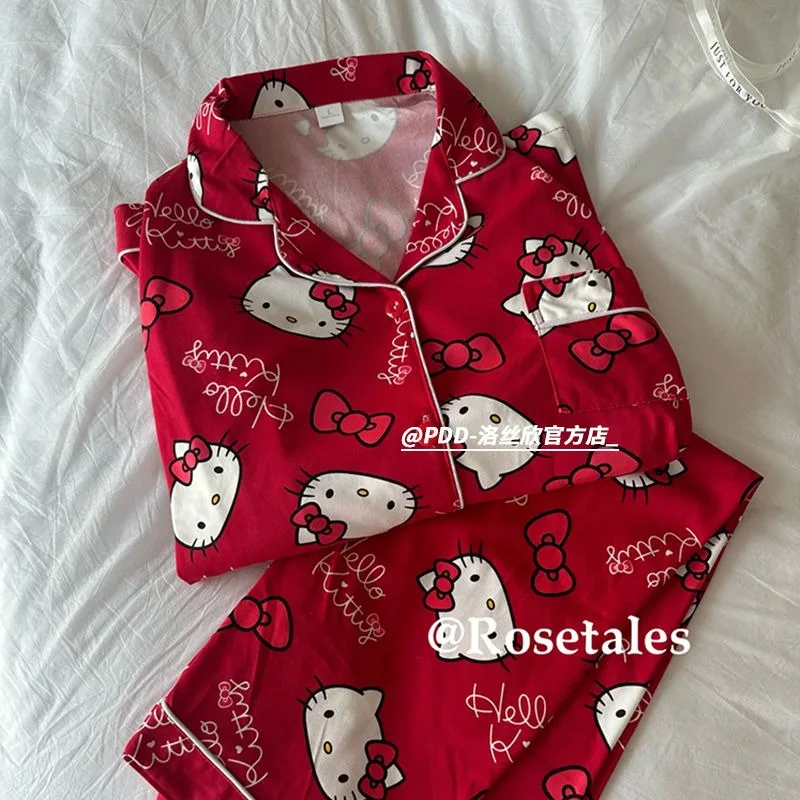 Hello Kitty аниме каваи кот пижамы для женщин весна и осень новый стиль красный милый