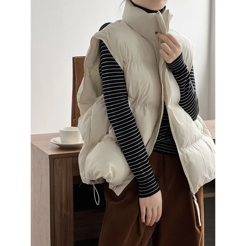 

Зимние хлопковые жилеты на молнии с воротником-стойкой и кулиской, женский свободный теплый плотный Повседневный жилет без рукавов, пальто