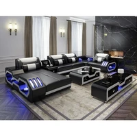 new arrival white u shaped 7 seat modern design led lights leather couch sectional living room sofa set