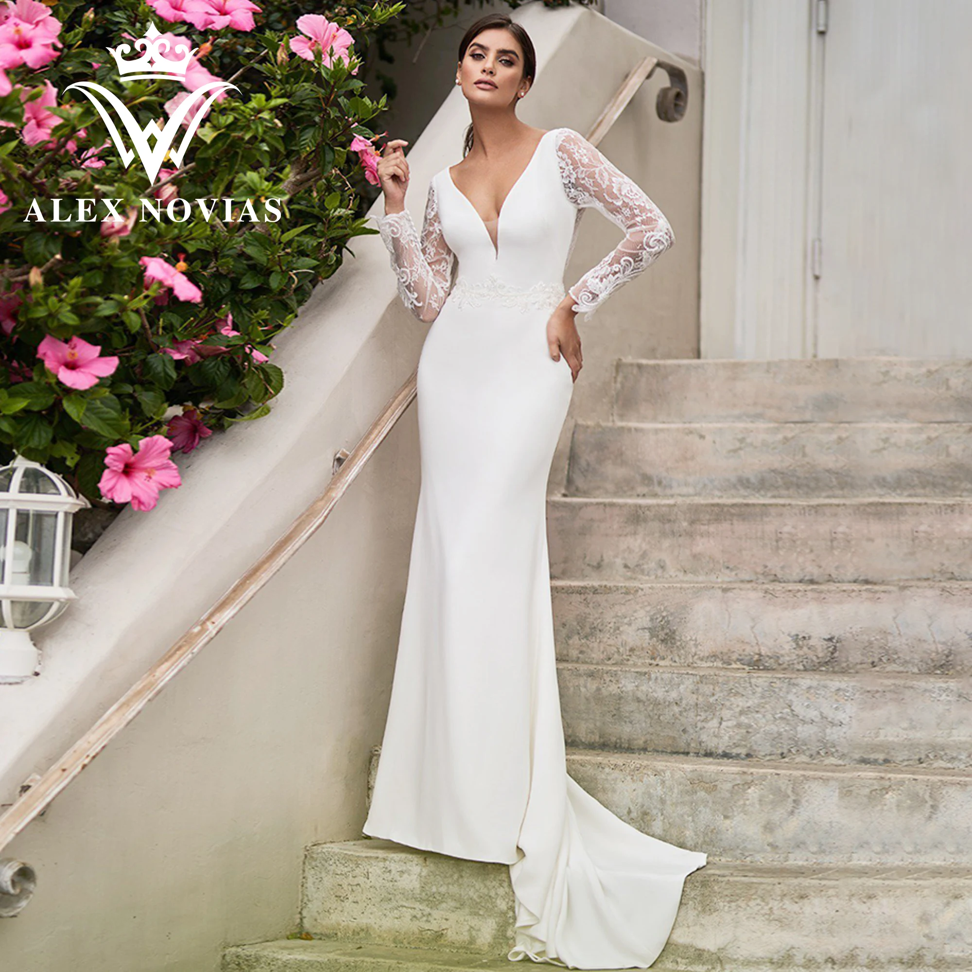 

Женское свадебное платье с юбкой-годе ALEX NOVIAS, розовое атласное платье с длинным рукавом, V-образным вырезом, аппликацией и открытой спиной на лето 2023