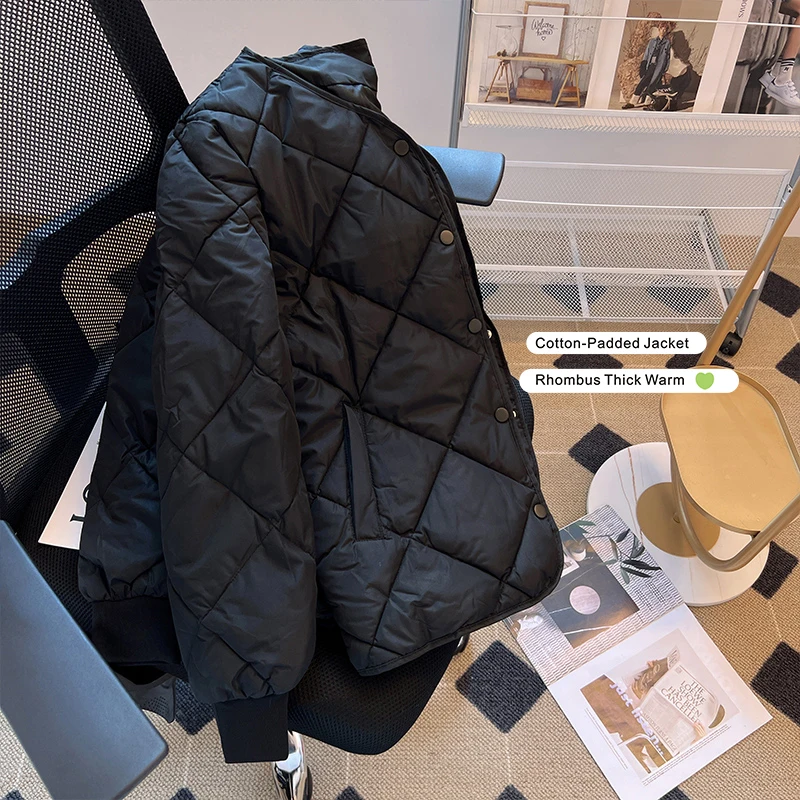

Winter Down Cotton Jacket Women 2022 New Fashion Korean Rhombus Warm Parkas Female Oversized Single Breasted Black Jackets Coats