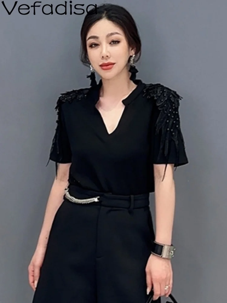 

Vefadisa 2023 Женская летняя футболка Модный черный V-образный вырез однотонный цельный топ персонализированный Повседневный с коротким рукавом для девушек ZY1499