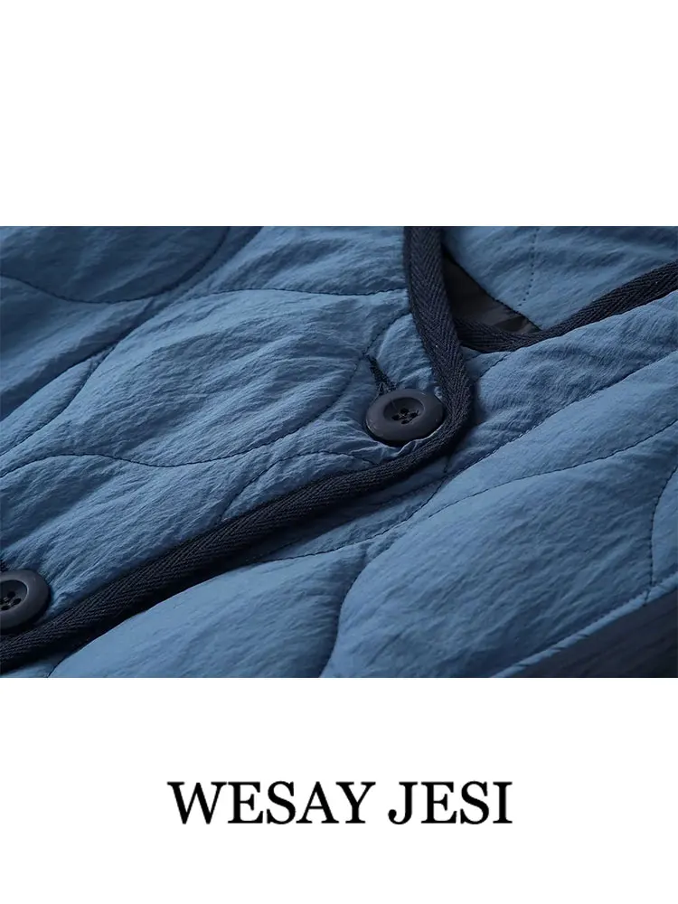 WESAY JESI Womens Fashion Crew Neck Loose Long Sleeve Cotton Coat Patch Pocket Single Breasted Warm Jacket Female Chic Outerwear