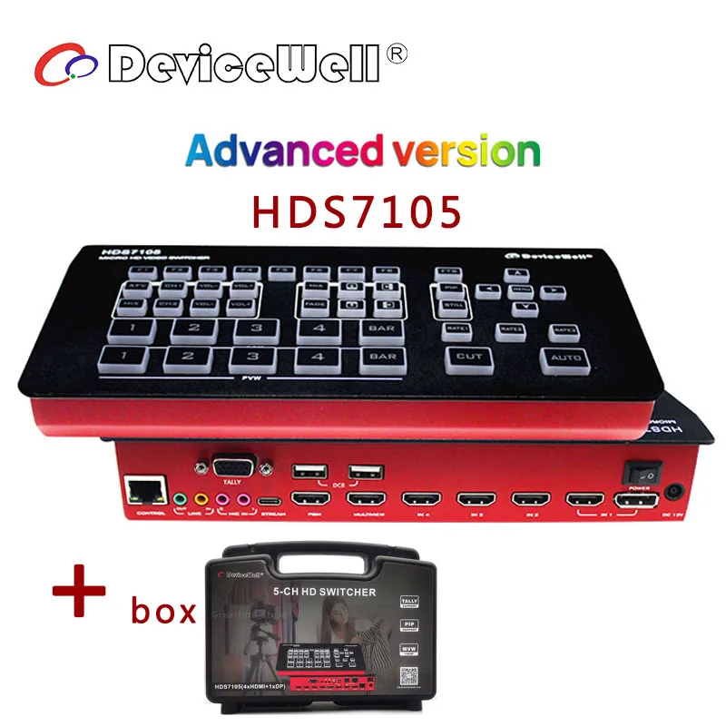 DeviceWell HDS7105 Super Mini Switcher 4-channel HDMI HD Inputs Video Switcher for Media Video Live Stream INS TV Broadcasts