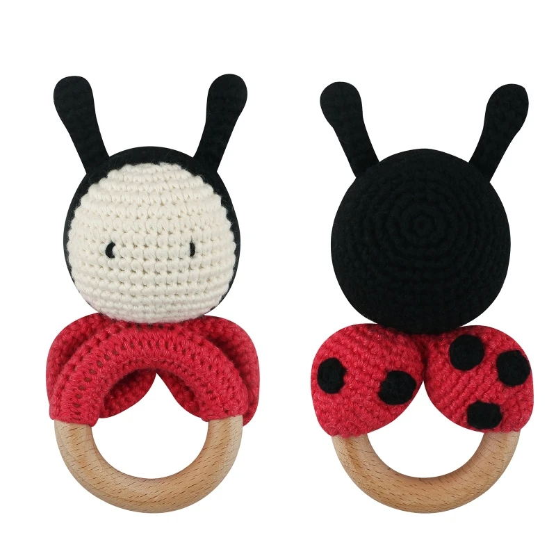 

2022 New 1pc Baby Wooden Teether Natural Teething Grasping Toys Mobile Pram Crib Ring Ladybug Crochet Rattle Soother Nursing